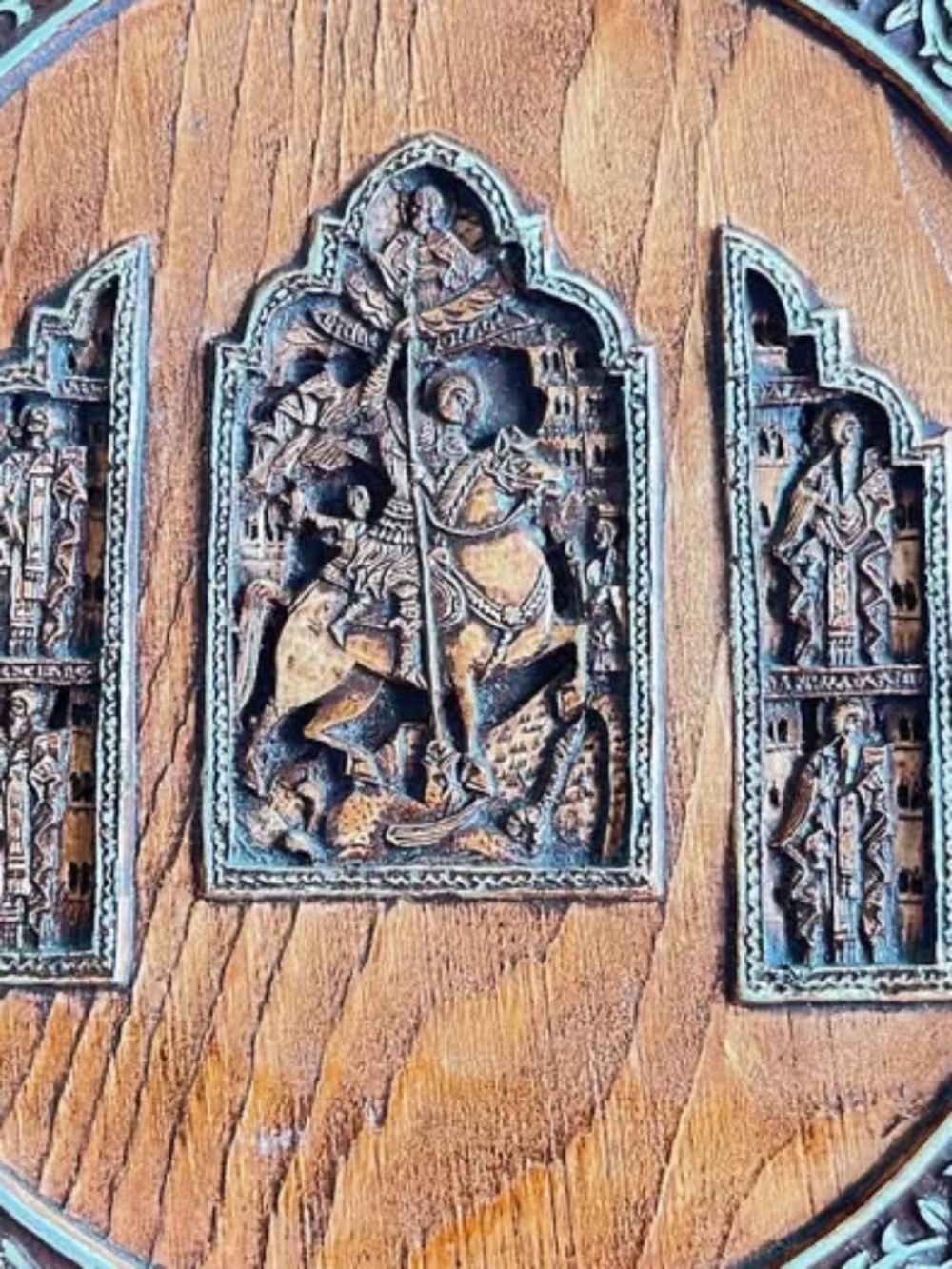 Tryptich Antique Catholic Icon Wood Carving - St. George & the Dragon